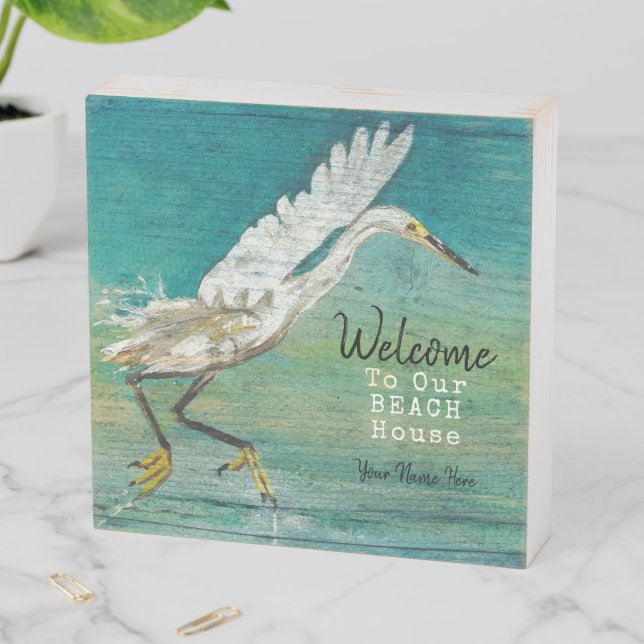 Gorgeous Egret Shorebird On Water With Your Name Wooden Box Sign (In Situ Horizontal)
