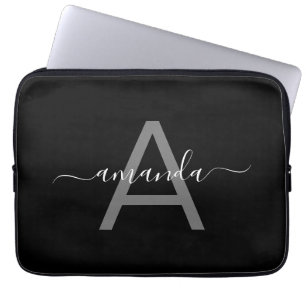 Gorgeous Elegant Add Your Name & Monogrammed Black Laptop Sleeve