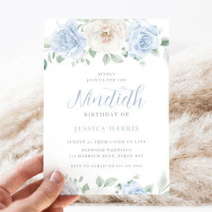 Gorgeous Elegant Blue & White Floral 90th Birthday Invitation
