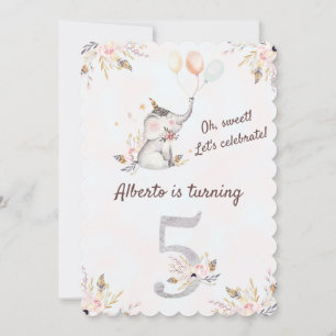 Gorgeous Elephant Boho Floral Fifth Birthday Invitation