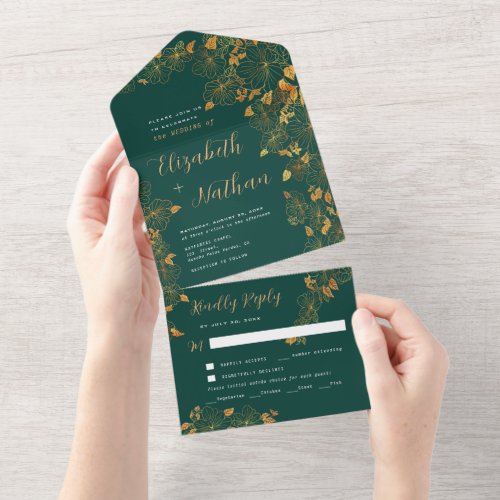 Gorgeous Emerald Green Gold Floral Foliage All In One Invitation