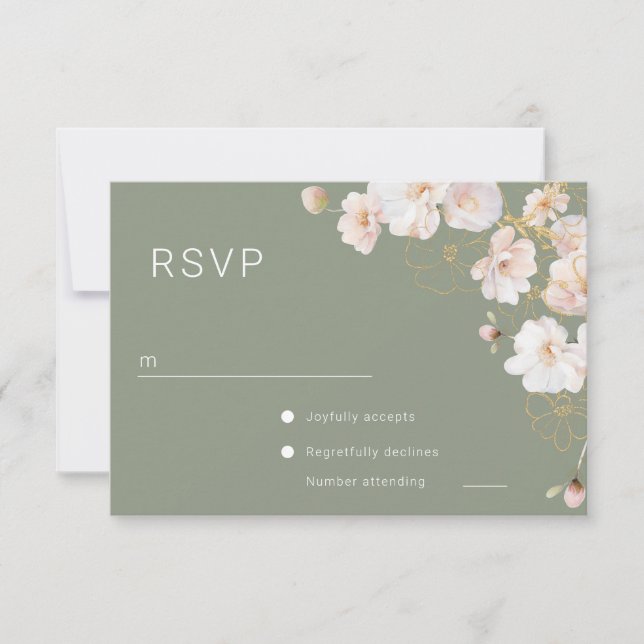 Gorgeous Enchanted Wildflowers Sage Green Wedding RSVP Card (Front)