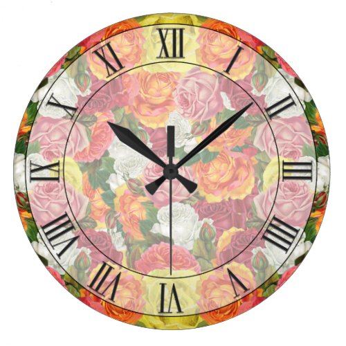 Gorgeous Faded Vintage Flowers Colorful Large Clock