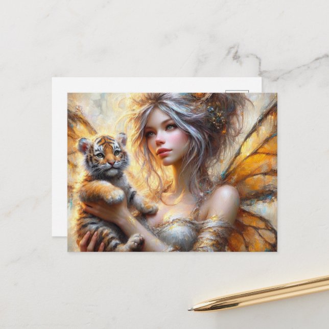 Gorgeous Fairy and a Tiger Cub Postcard (Front/Back In Situ)