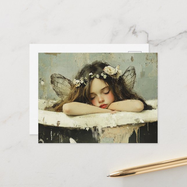 Gorgeous Fairy asleep in a vintage bathtub Postcard (Front/Back In Situ)