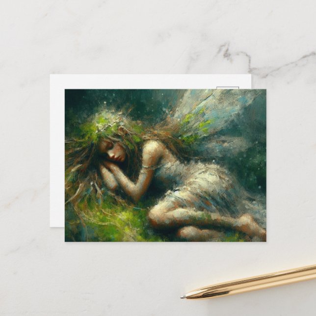 Gorgeous Fairy asleep on a mossy patch in forest Postcard (Front/Back In Situ)
