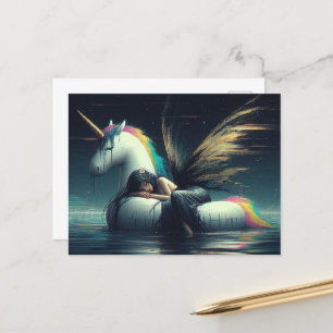 Gorgeous Fairy asleep on unicorn pool float glitch Postcard