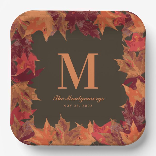 Gorgeous Fall Autumn Leaves Monogram Paper Plates (Front)