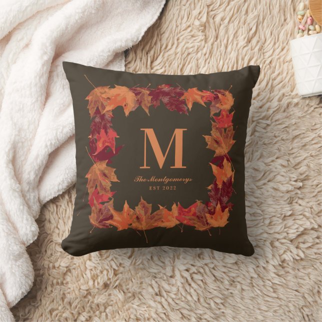 Gorgeous Fall Autumn Leaves Monogram Throw Pillow (Blanket)