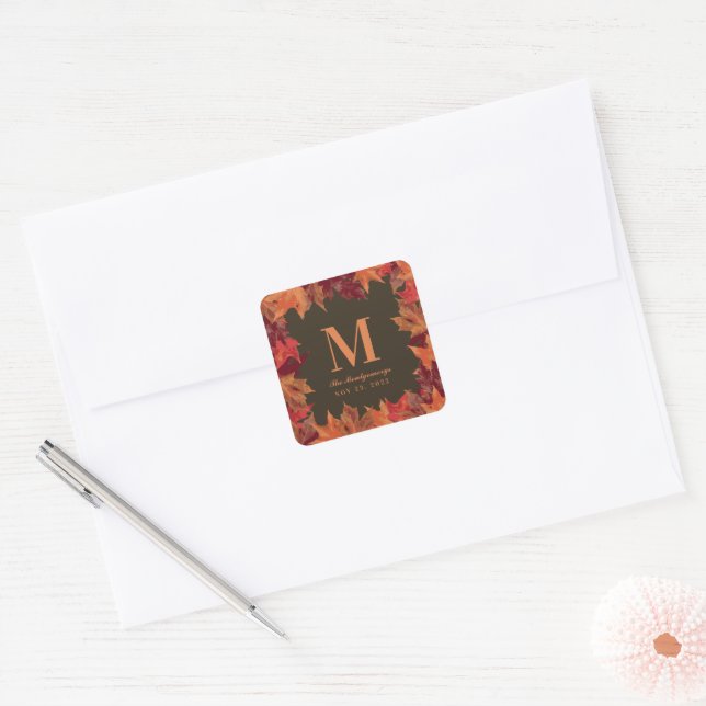 Gorgeous Fall Autumn Leaves Monogram Wedding Party Square Sticker (Envelope)