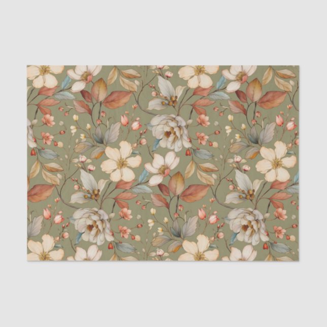 Gorgeous Floral Pattern with Sage Green Background Tissue Paper (Front)