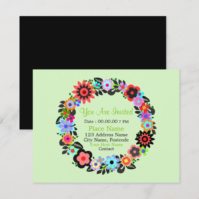 "Gorgeous Floral Wreath Style" Invitation Card. (Front/Back)