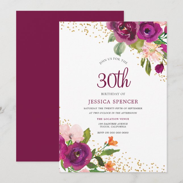Gorgeous Flowers Pink 30th Birthday Party Invitation (Front/Back)