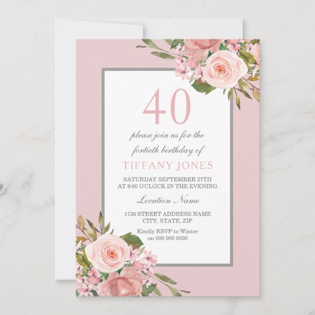 Gorgeous Flowers Womans 40th Birthday Party Invite (Front)