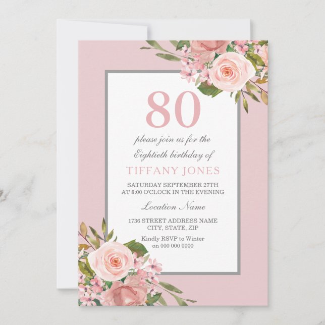 Gorgeous Flowers Womans 80th Birthday Party Invite (Front)