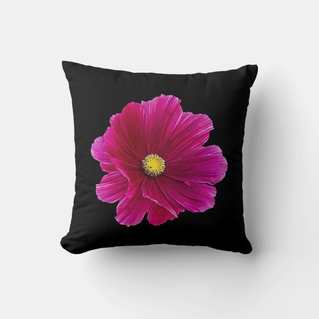 GORGEOUS FUCHSIA FLOWER ON EBONY BLACK THROW PILLOW (Front)