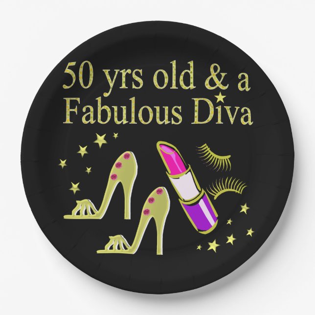 GORGEOUS GOLD 50TH BIRTHDAY DIVA DESIGN PAPER PLATES (Front)