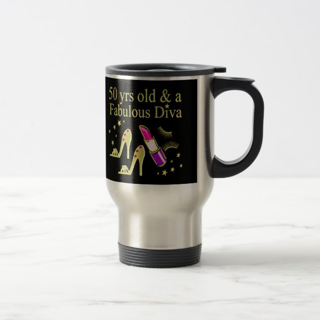 GORGEOUS GOLD 50TH BIRTHDAY DIVA DESIGN TRAVEL MUG (Right)