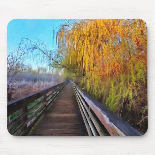 Gorgeous Gold and Yellow Willow Tree on Boardwalk Mouse Pad