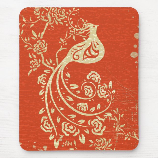 Gorgeous Gold Bird Fine Girly Retro Floral Mouse Pad (Front)