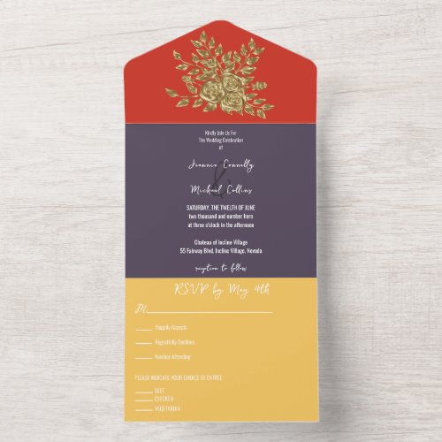 Gorgeous  Gold Roses Wedding All In One Invitation