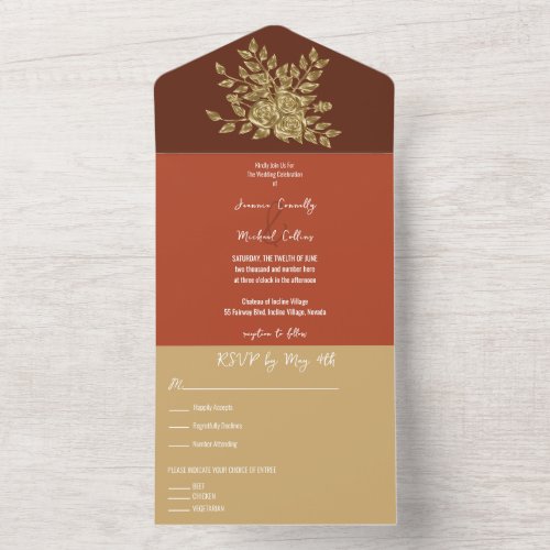 Gorgeous  Gold Roses Wedding All In One Invitation