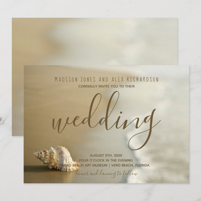 Gorgeous Gold Seashell Beach Wedding Invitation (Front/Back)
