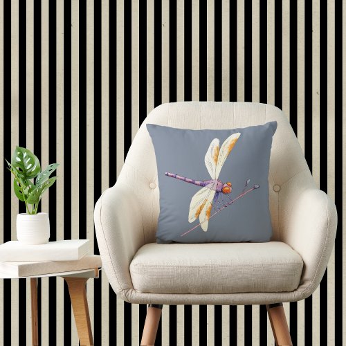 Gorgeous Golden Dragonfly on Branch Against Gray Throw Pillow