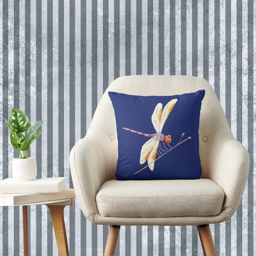 Gorgeous Golden Dragonfly on Branch Against Navy Throw Pillow