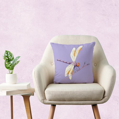 Gorgeous Golden Dragonfly on Branch Against Purple Throw Pillow