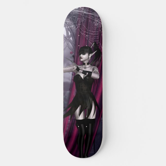 Gorgeous Goth girl cobwebs & curtains Skateboard Deck (Front)