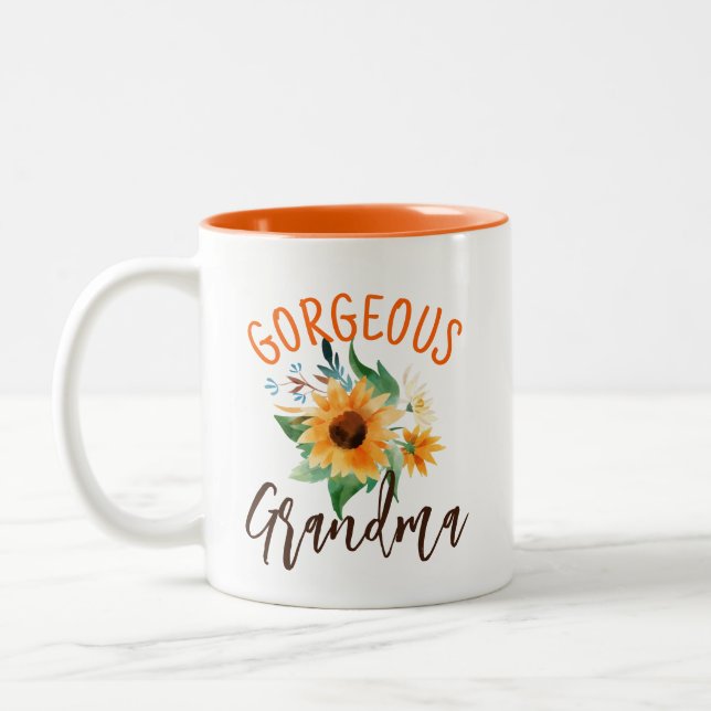 Gorgeous Grandma Floral Sunflower Personalized Two-Tone Coffee Mug (Left)