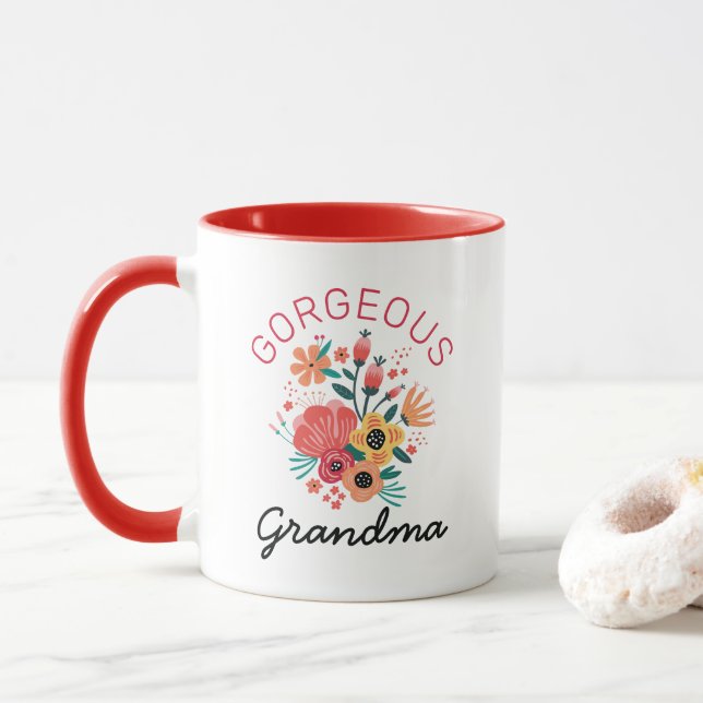 Gorgeous Grandma Retro Floral Flower Personalize Mug (With Donut)