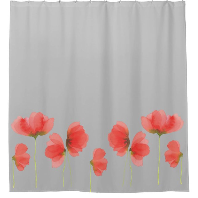 Gorgeous gray & red floral shower curtain (Front)