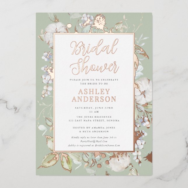 Gorgeous Green Botanical Bridal Shower Rose Gold  Foil Invitation (Front)