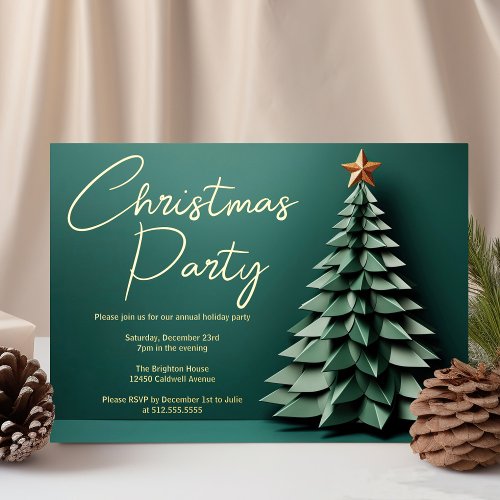 Gorgeous Green Christmas Party Artistic Tree Gold Foil Invitation