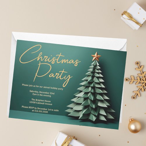 Gorgeous Green Gold Christmas Tree Holiday Party Invitation