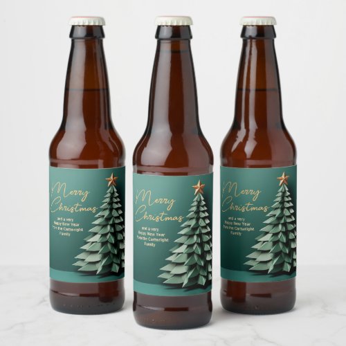 Gorgeous Green Gold Merry Christmas Party Tree Beer Bottle Label