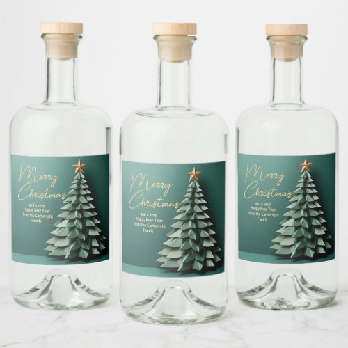 Gorgeous Green Gold Merry Christmas Party Tree Liquor Bottle Label