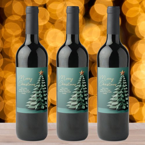 Gorgeous Green Gold Merry Christmas Party Tree Wine Label