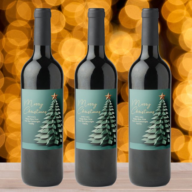 Gorgeous Green Gold Merry Christmas Party Tree Wine Label (Creator Uploaded)