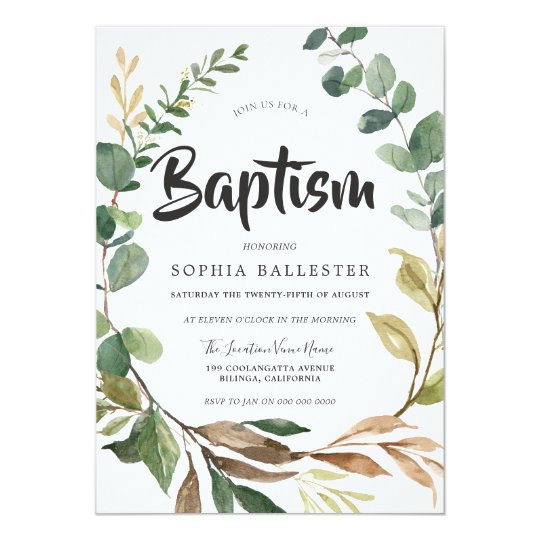 Gorgeous Green Leaves Wreath Baptism Christening Invitation | Zazzle.com