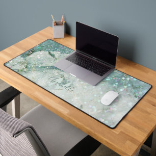 Gorgeous Green Marble and Glitter Monogrammed Desk Mat