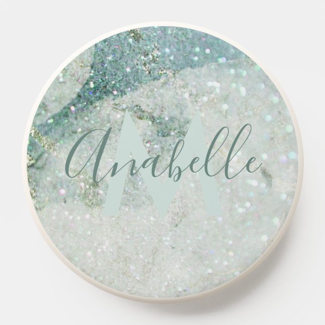 Gorgeous Green Marble and Glitter Monogrammed PopSocket (Popsocket)