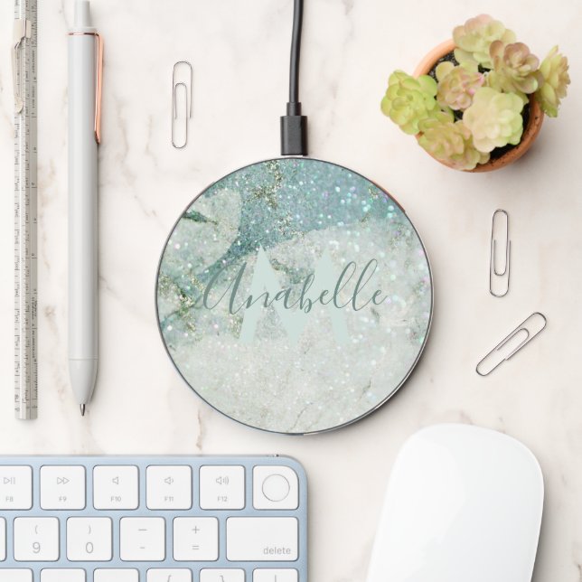 Gorgeous Green Marble and Glitter Monogrammed Wireless Charger (Desk)