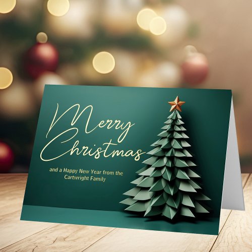 Gorgeous Green Merry Christmas Tree Folded Gold Foil Holiday Card