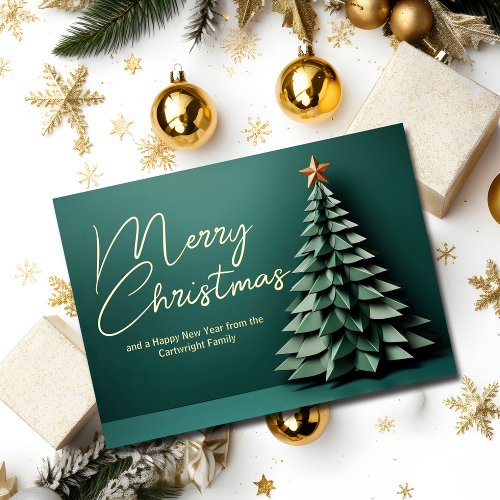 Gorgeous Green Merry Christmas Tree Gold Foil Holiday Card