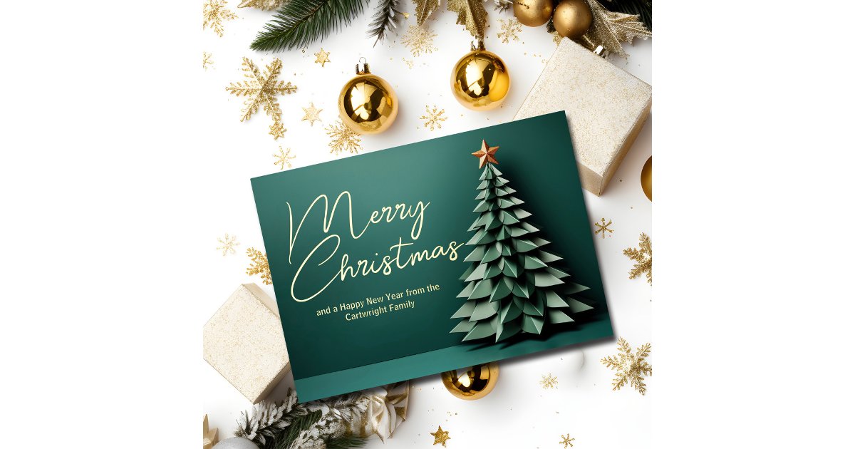 Gorgeous Green Merry Christmas Tree Gold Foil Holiday Card | Zazzle