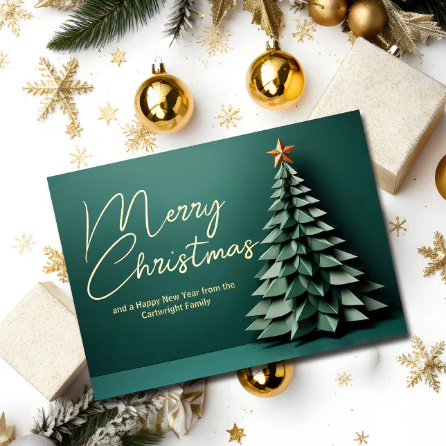 Gorgeous Green Merry Christmas Tree Gold Foil Holiday Card | Zazzle