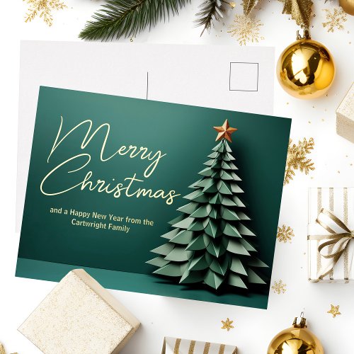 Gorgeous Green Merry Christmas Tree Gold Foil Holiday Postcard